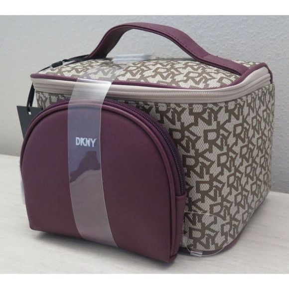 DKNY R84R4836 Women's O/S Beige/Red All Over "DKNY" Print 2 Piece Cosmetic Set - Picture 2 of 6